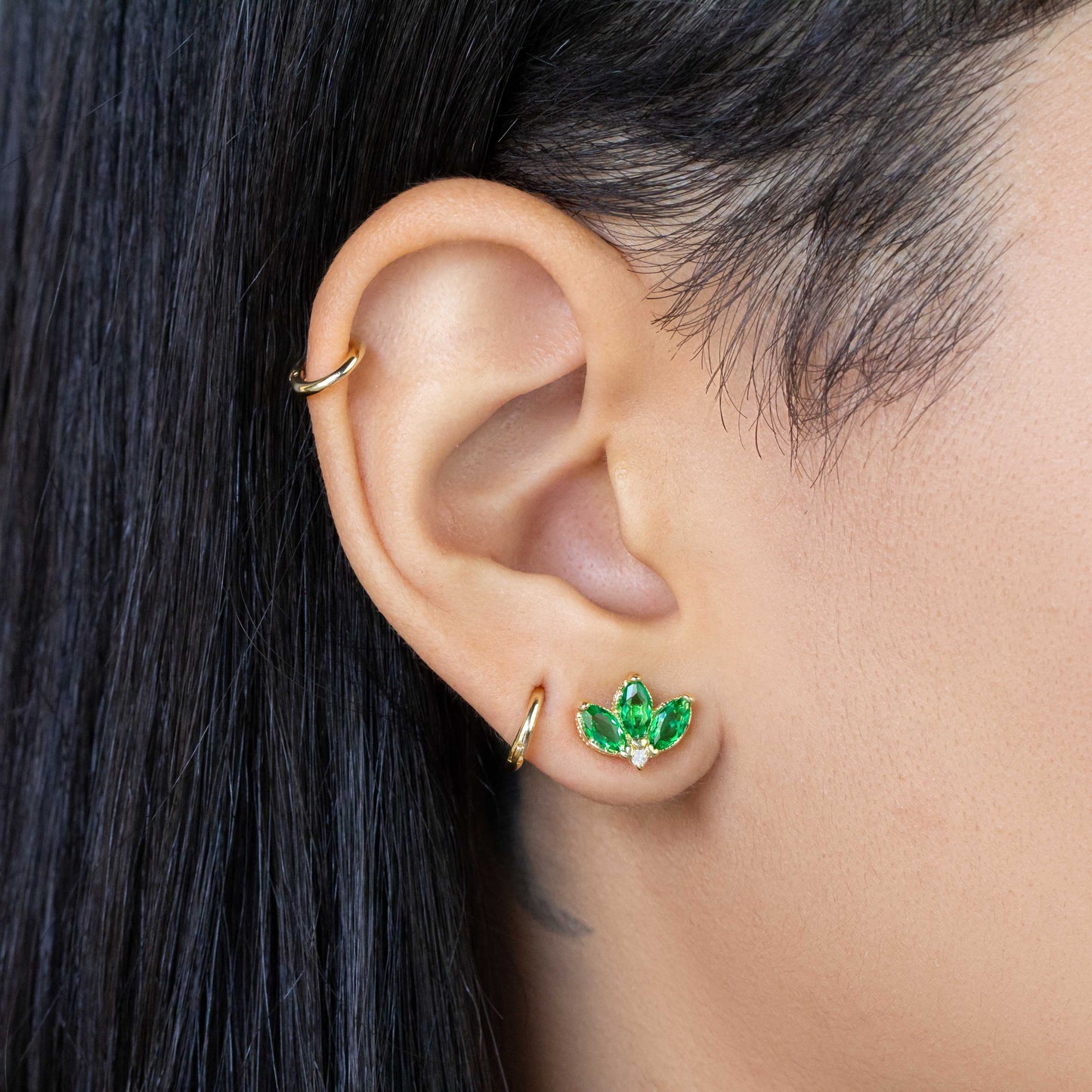 Vintage Emerald Lotus Flower Stackable Earrings