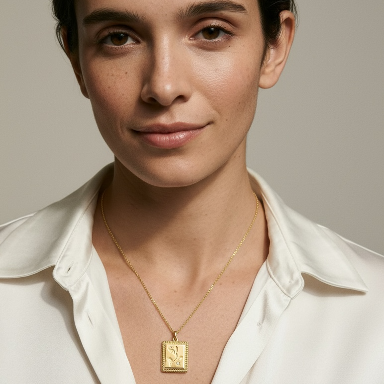 18k Gold Filled Flower Plaque Necklace