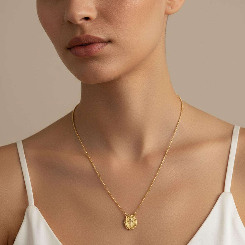 18k Gold Filled Cross Plate Scapular Necklace