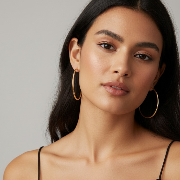 Woman wearing a black strappy top  na d a 50mm gold hoop earrings 
against a gray background