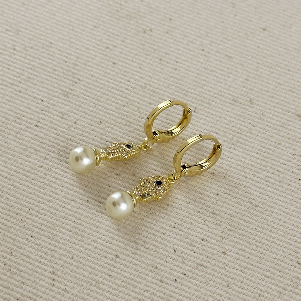 18k Gold Filled Hamsa Pearl Hoop Earrings
