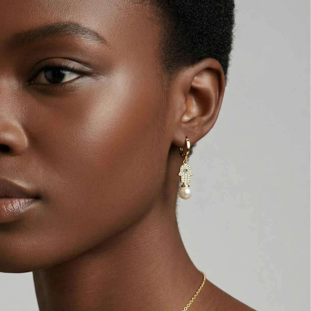 18k Gold Filled Hamsa Pearl Hoop Earrings