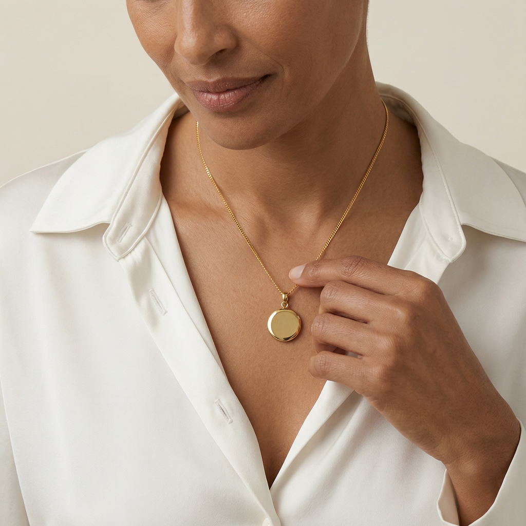 Woman wearing a gold necklace with a pendant against a neutral background