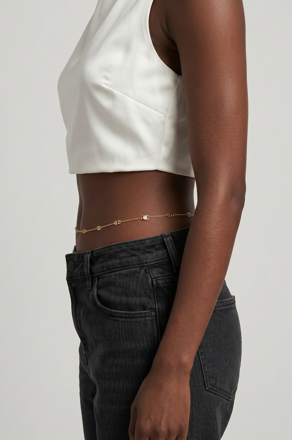 18k Gold Filled Detailed Plate & CZ Belly Chain