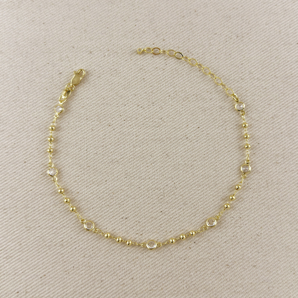 18k Gold Filled Beaded Bezel CZ Anklet
