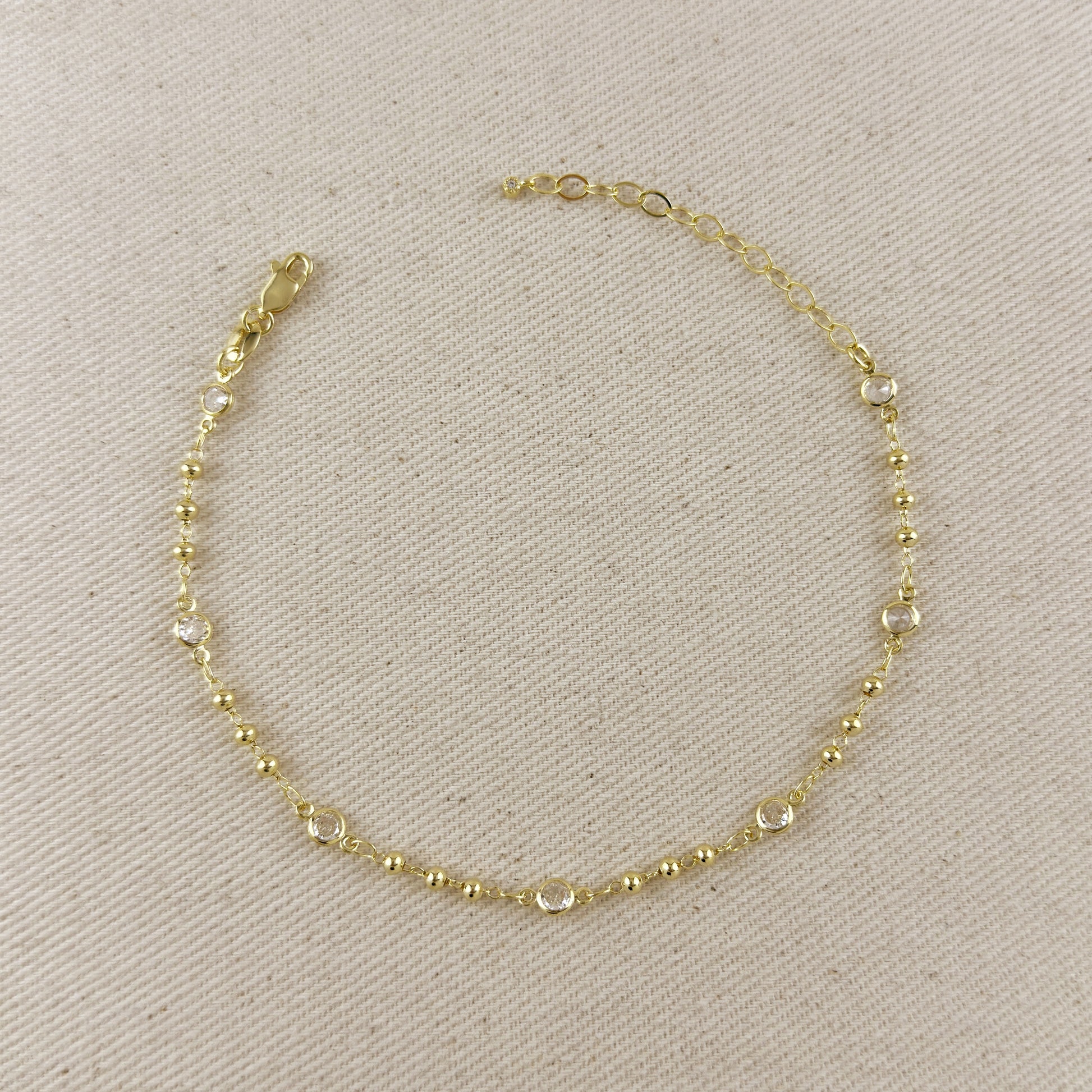 18k Gold Filled Beaded Bezel CZ Anklet
