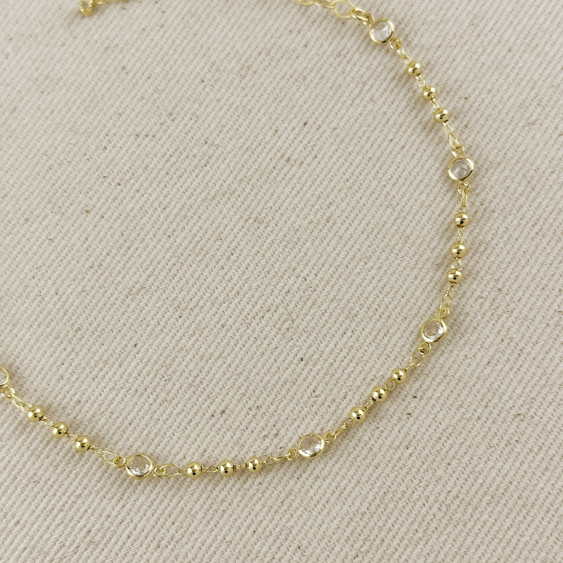 18k Gold Filled Beaded Bezel CZ Anklet