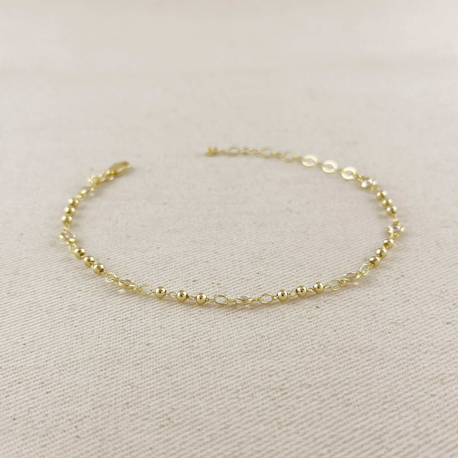 18k Gold Filled Beaded Bezel CZ Anklet