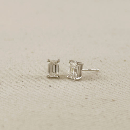 .925 Sterling Silver Rhodium Plated Moissanite Baguette Stud Earrings