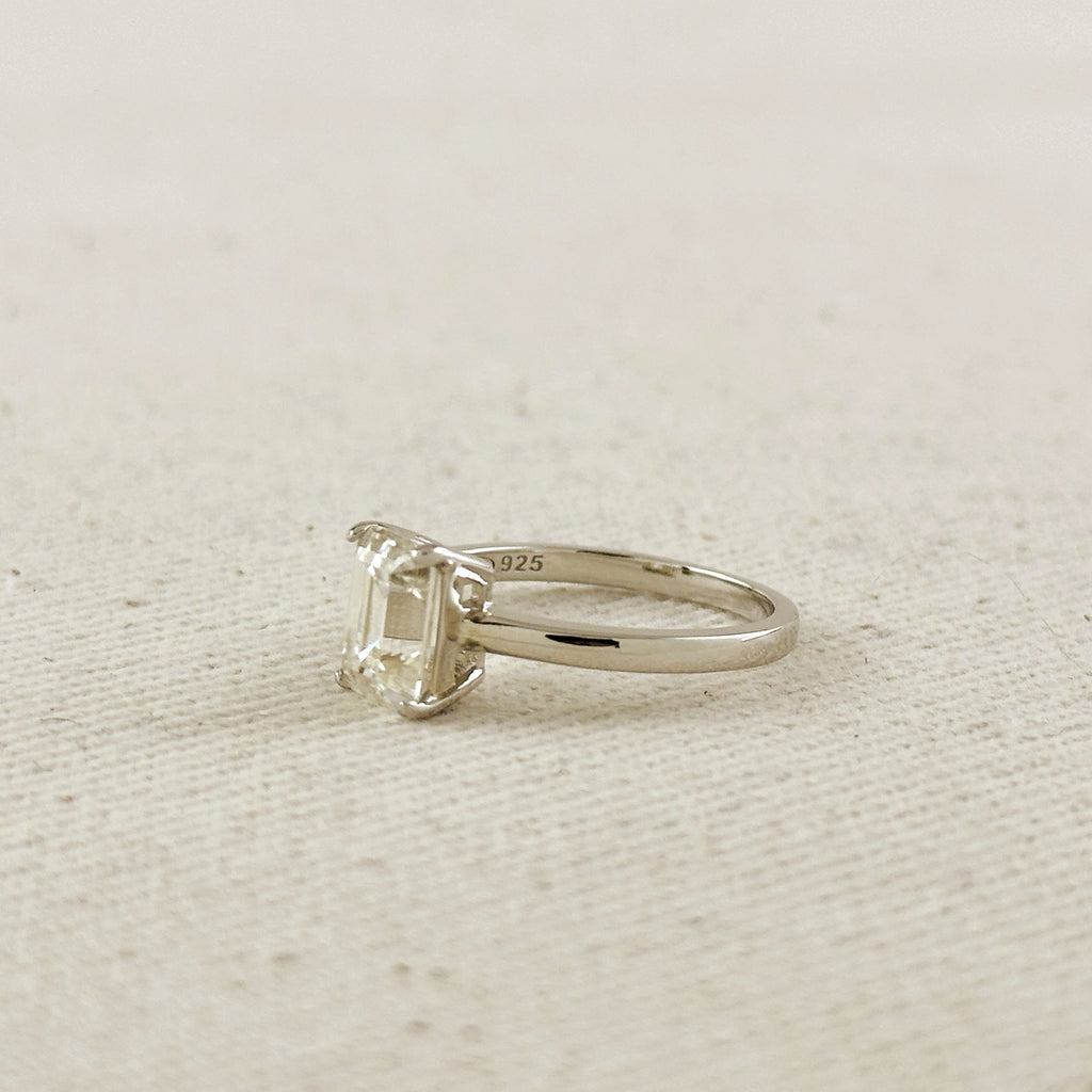 .925 Sterling Silver Rhodium Plated Moissanite Baguette Solitaire Ring