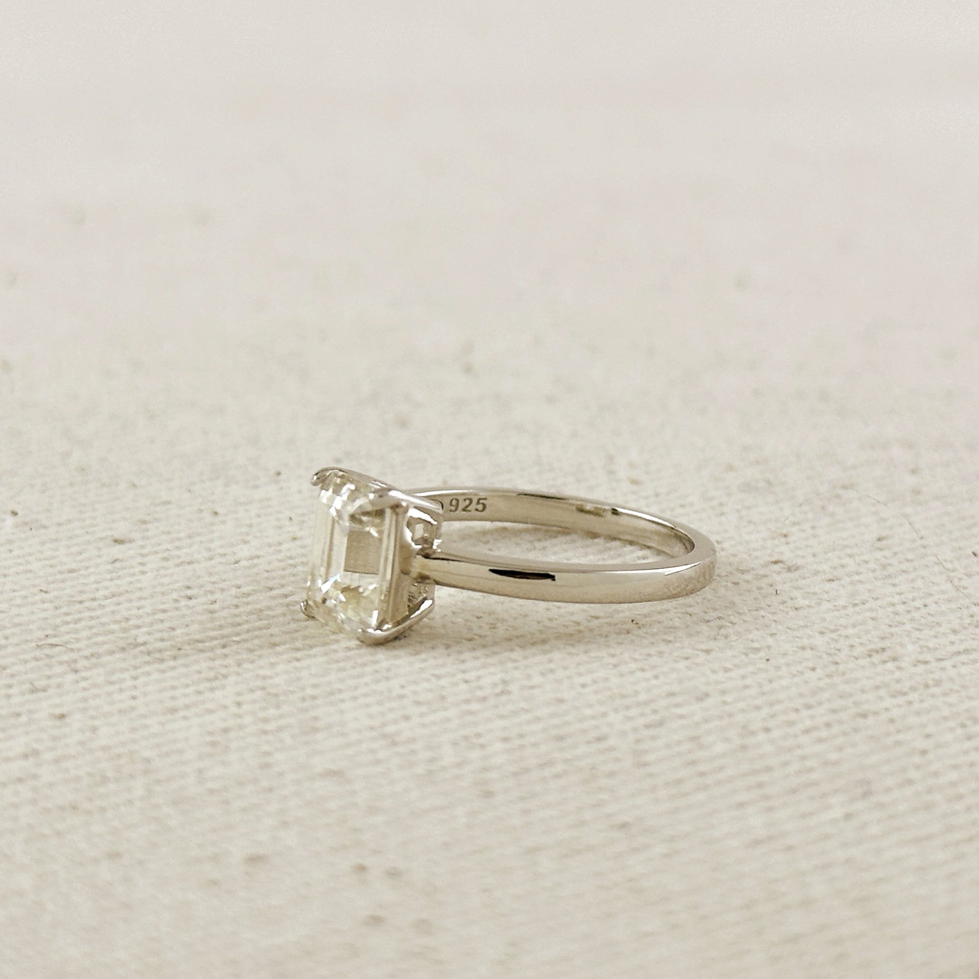 .925 Sterling Silver Rhodium Plated Moissanite Baguette Solitaire Ring