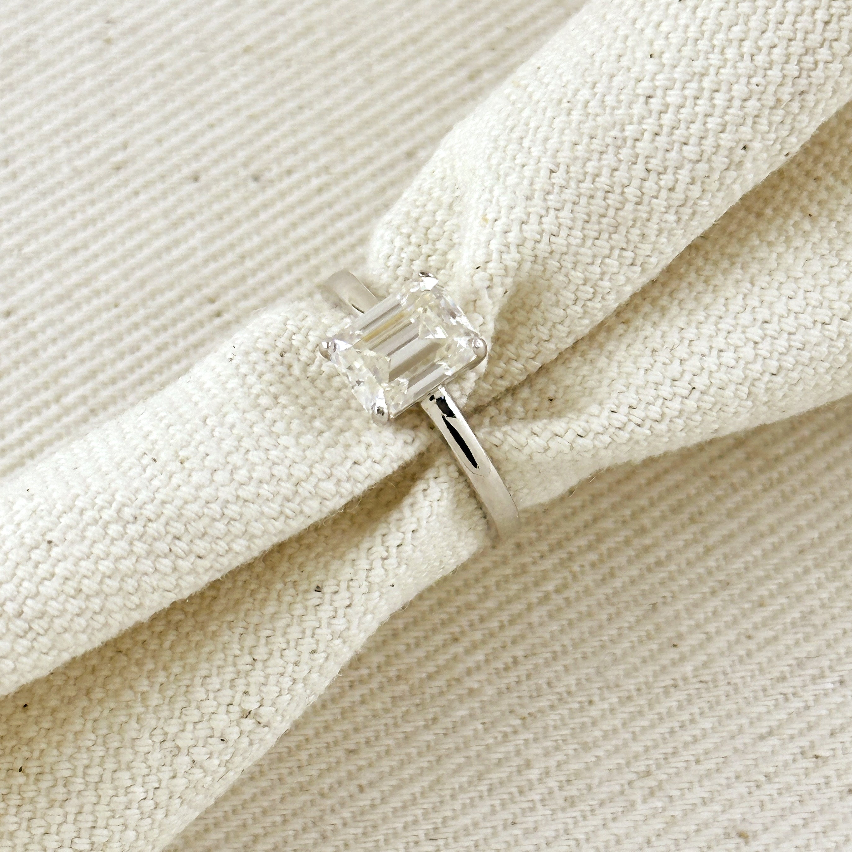 .925 Sterling Silver Rhodium Plated Moissanite Baguette Solitaire Ring