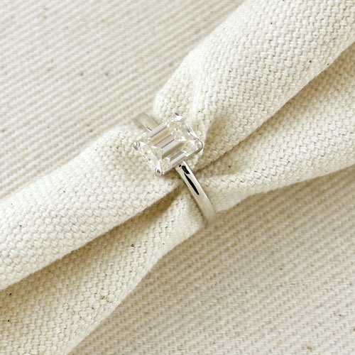 .925 Sterling Silver Rhodium Plated Moissanite Baguette Solitaire Ring