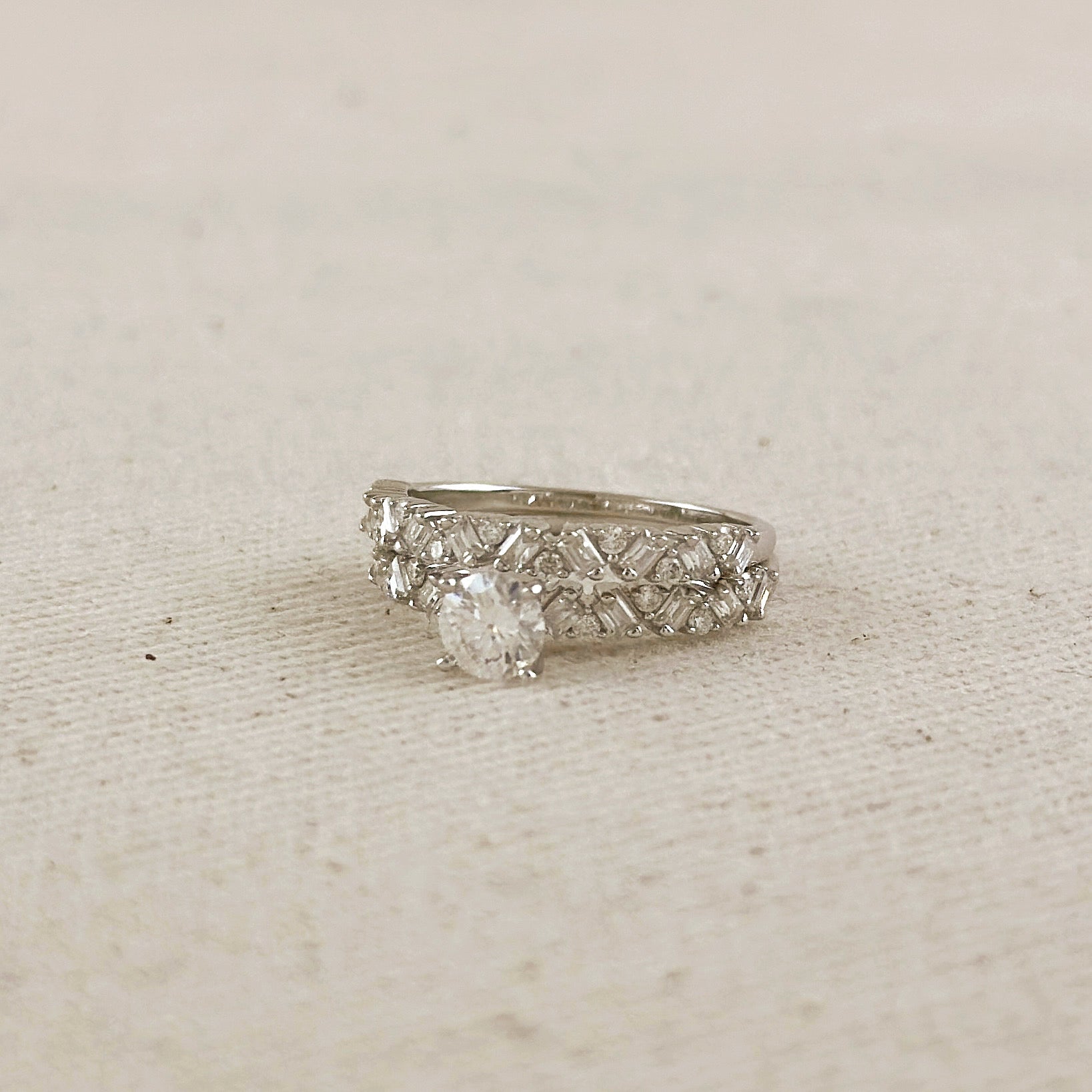 .925 Sterling Silver Rhodium Plated Moissanite Engagement Set Ring