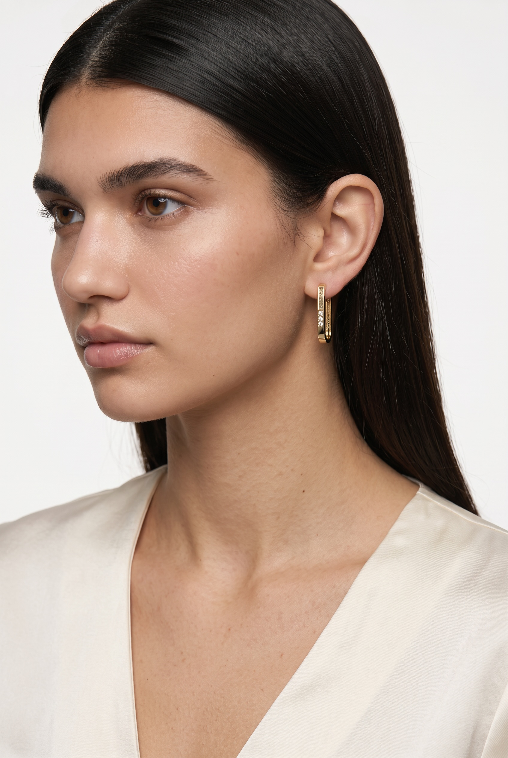 18k Gold Filled Slight Long Oblong CZ Hoop Earrings