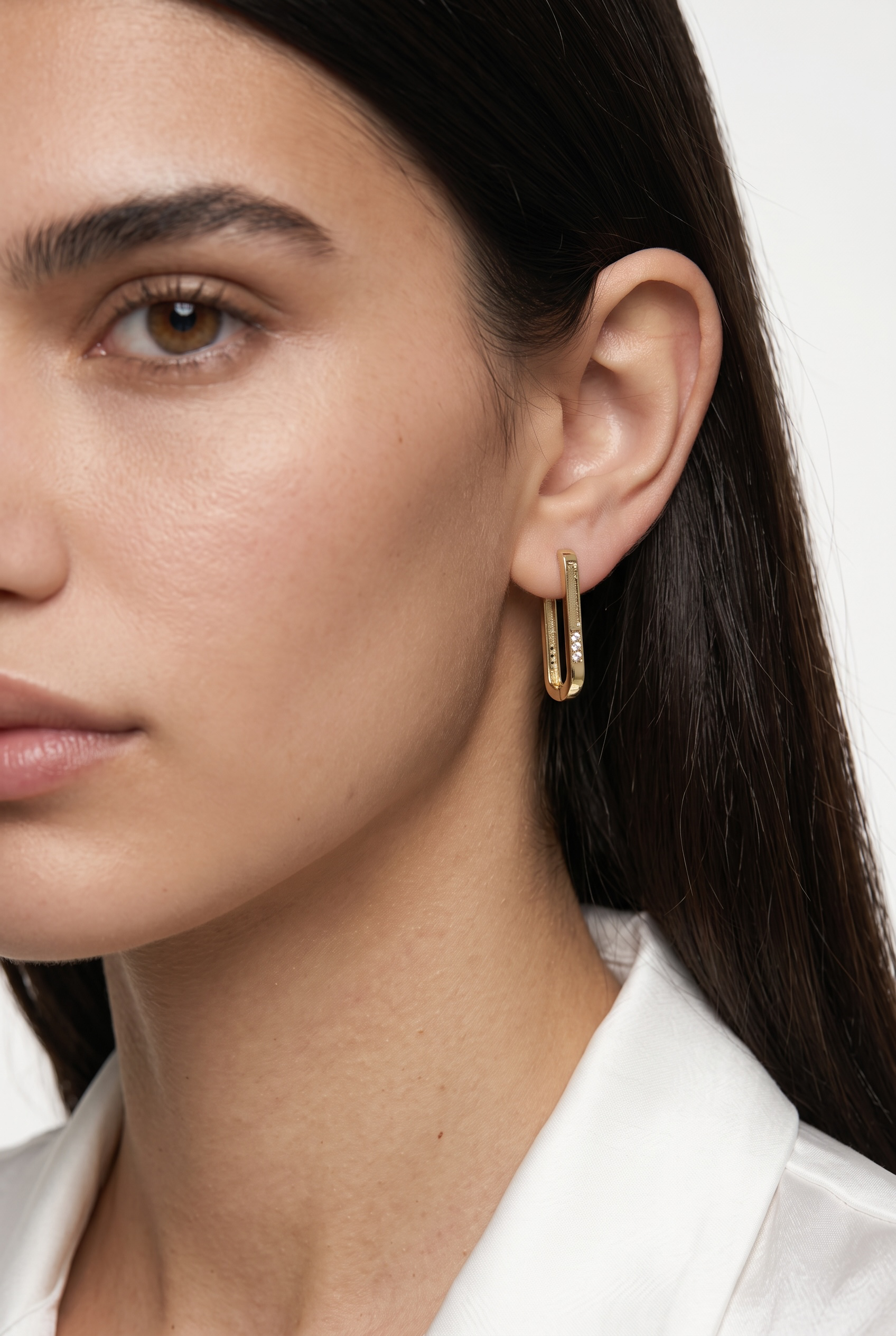 18k Gold Filled Slight Long Oblong CZ Hoop Earrings