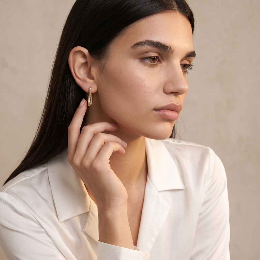18k Gold Filled Slight Long Oblong CZ Hoop Earrings
