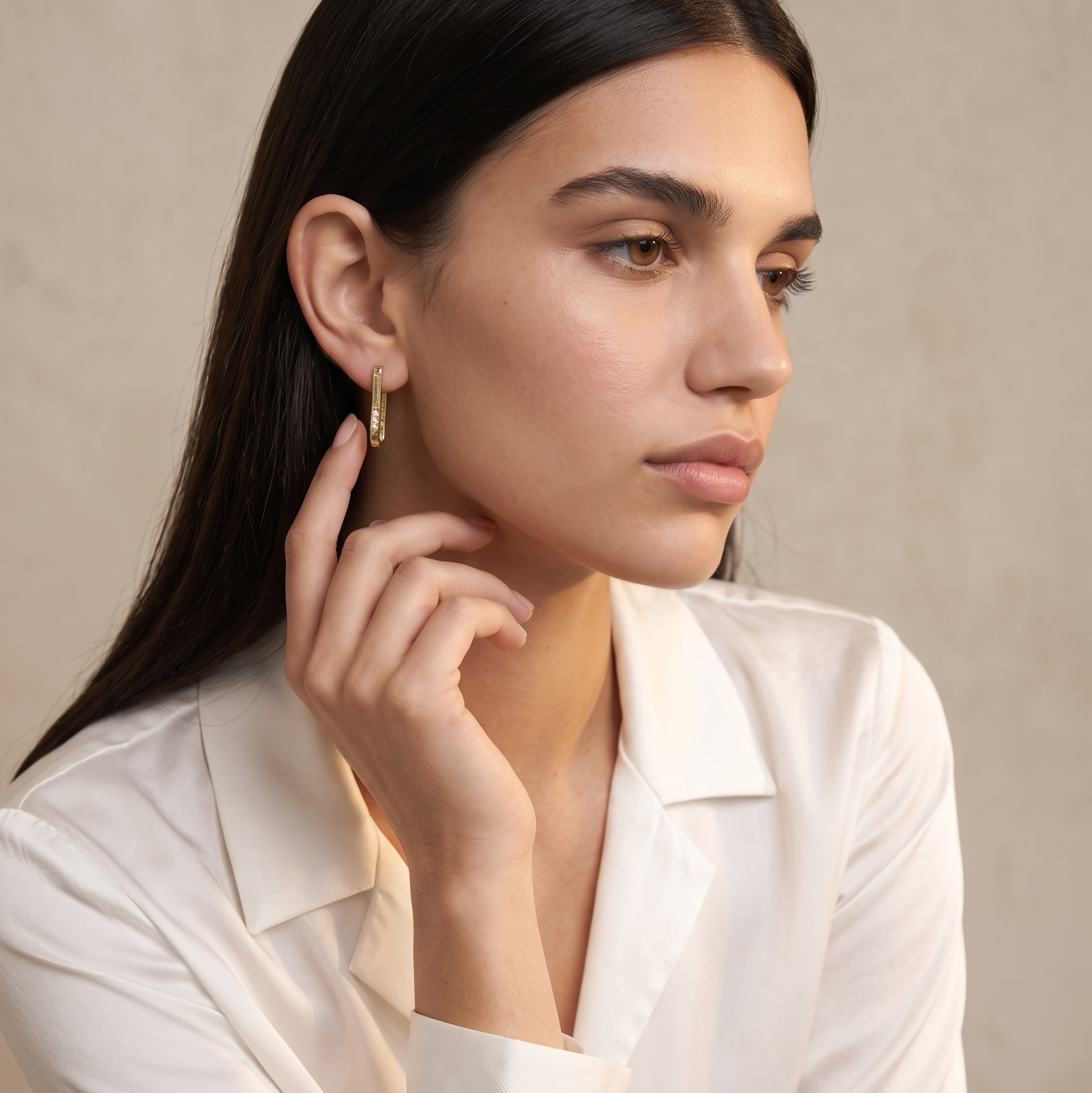18k Gold Filled Slight Long Oblong CZ Hoop Earrings