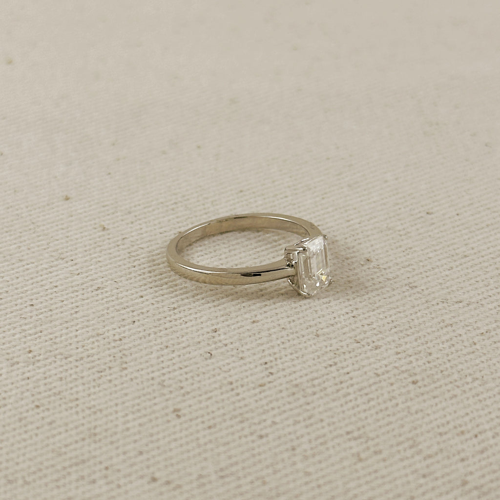 .925 Sterling Silver Rhodium Plated Moissanite Emerald Cut Solitaire Ring