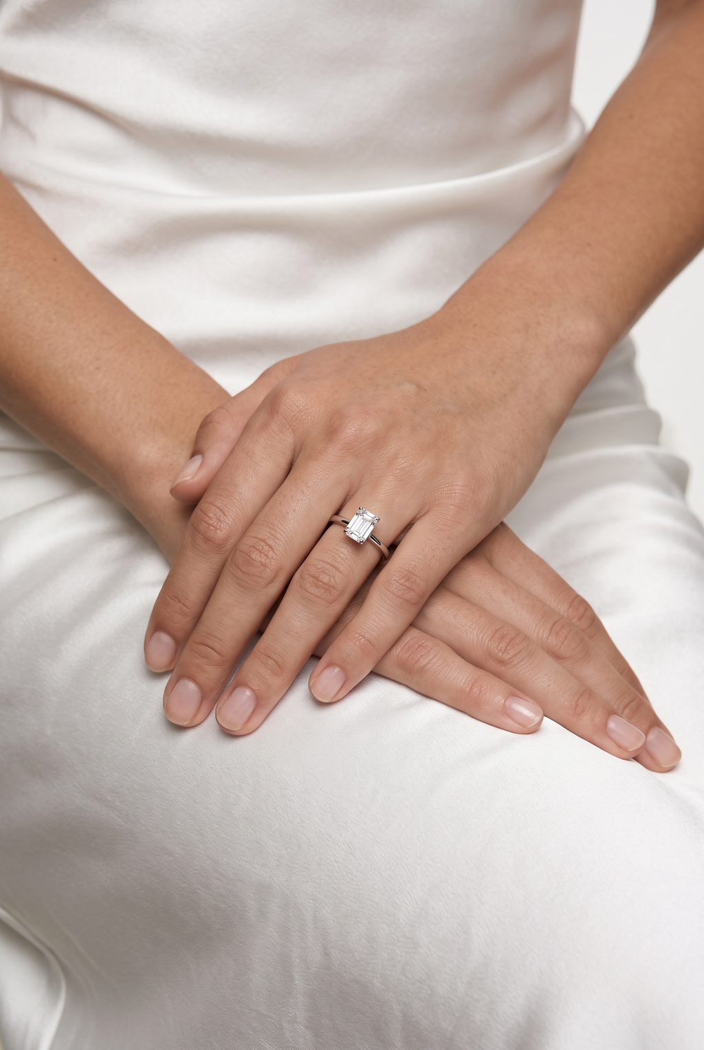 .925 Sterling Silver Rhodium Plated Moissanite Emerald Cut Solitaire Ring