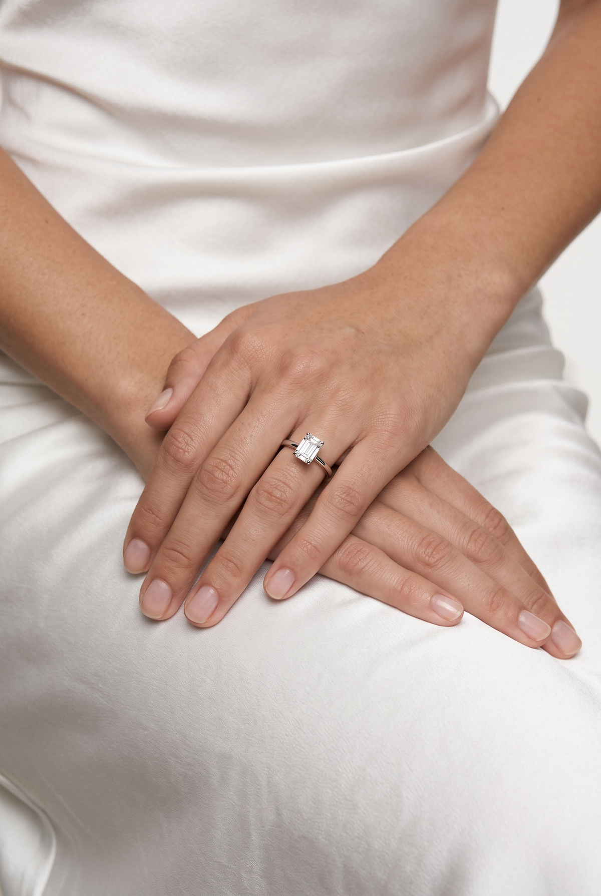 .925 Sterling Silver Rhodium Plated Moissanite Emerald Cut Solitaire Ring