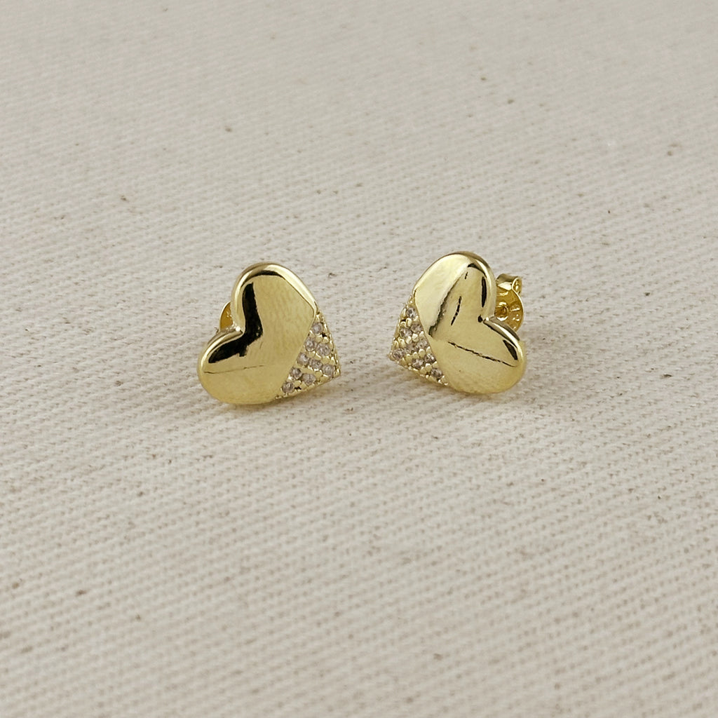 18k Gold Filled Heart Stud Earrings with Cubic Zirconia Stones