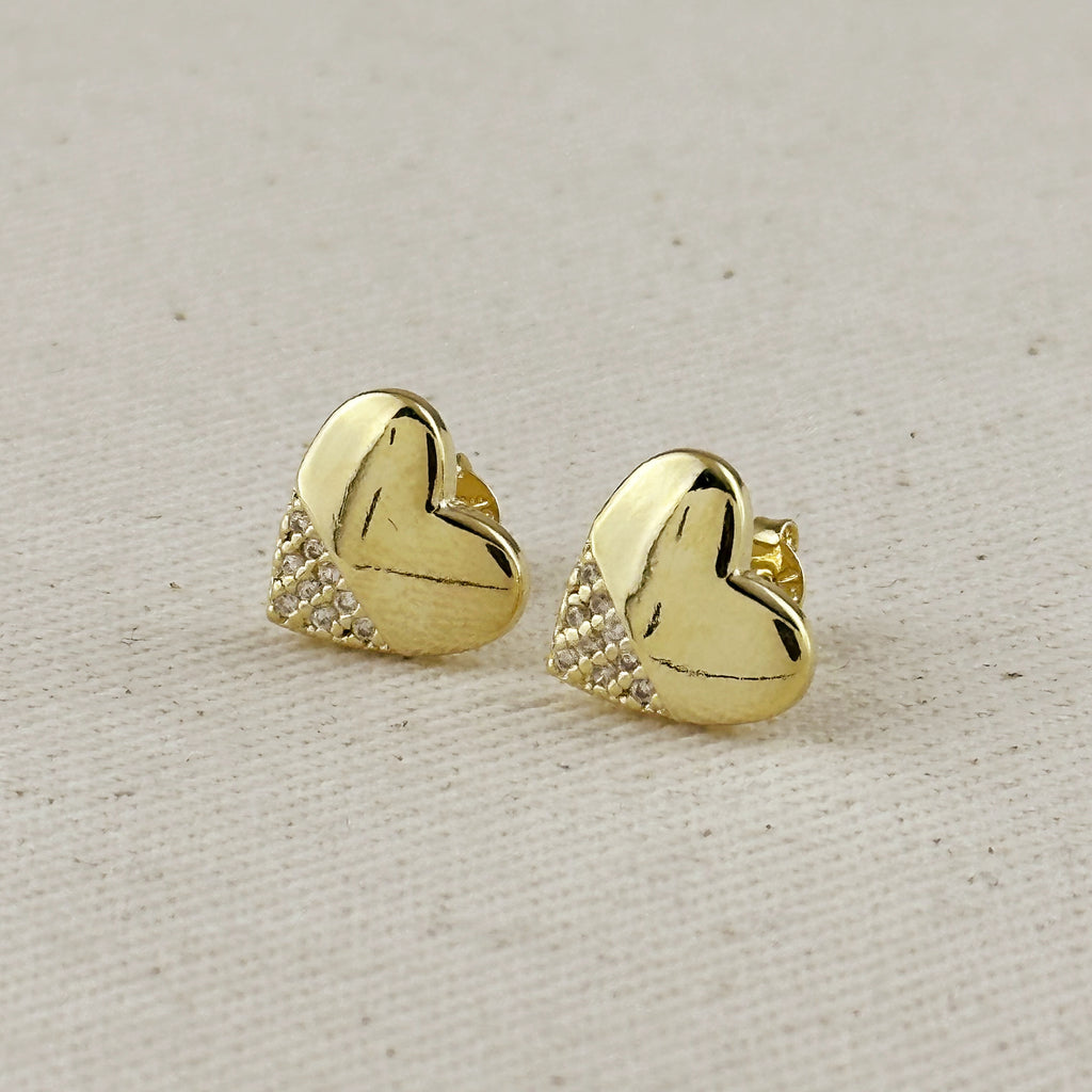 18k Gold Filled Heart Stud Earrings with Cubic Zirconia Stones