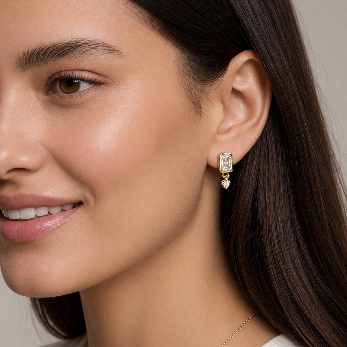 18k Gold Filled CZ Baguette With Heart Earrings