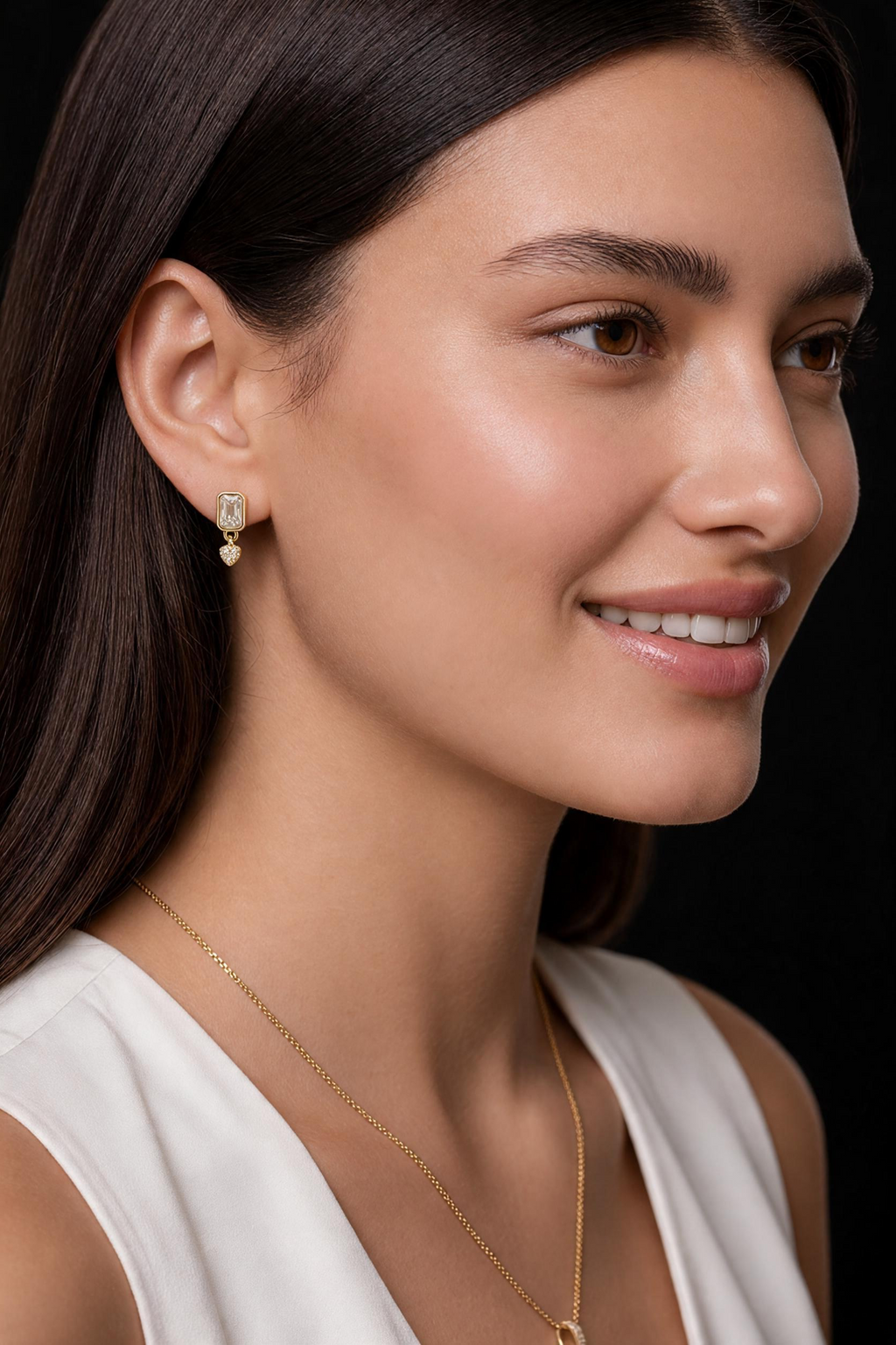 18k Gold Filled CZ Baguette With Heart Earrings