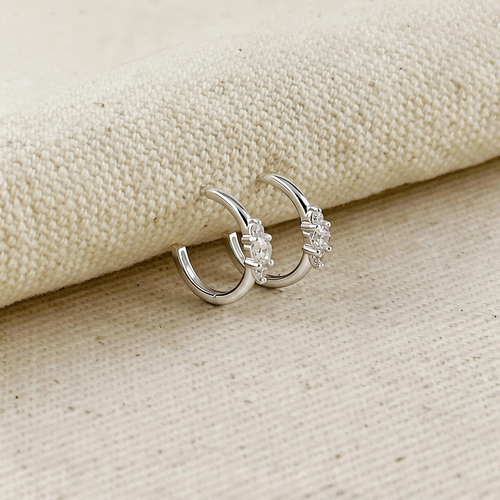 .925 Sterling Silver CZ C-Hoop Earrings