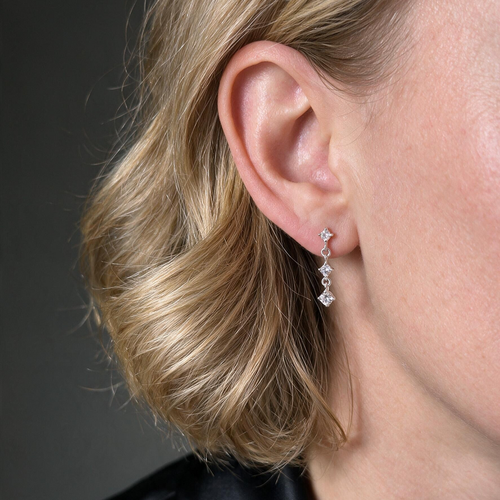 .925 Sterling Silver Three CZ Drip Stud