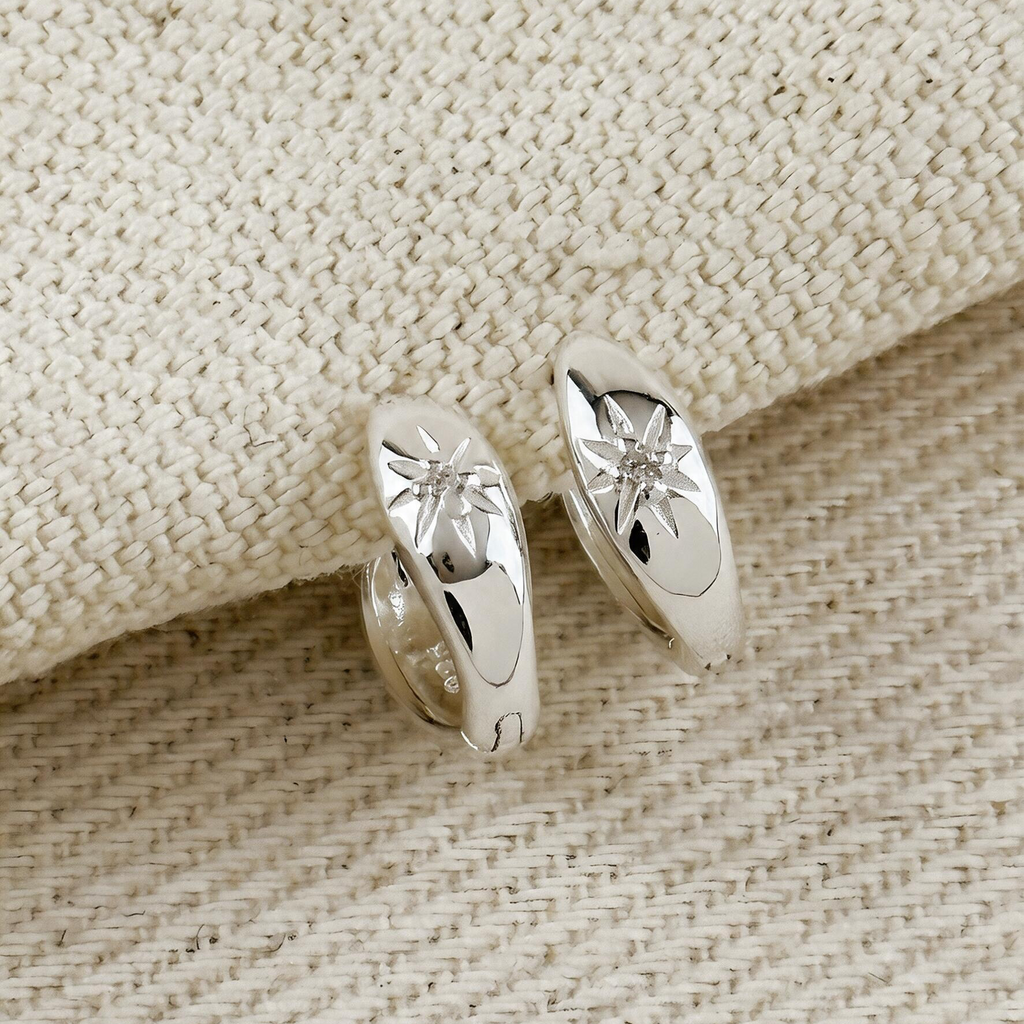 .925 Sterling Silver Starburst Huggie Earrings