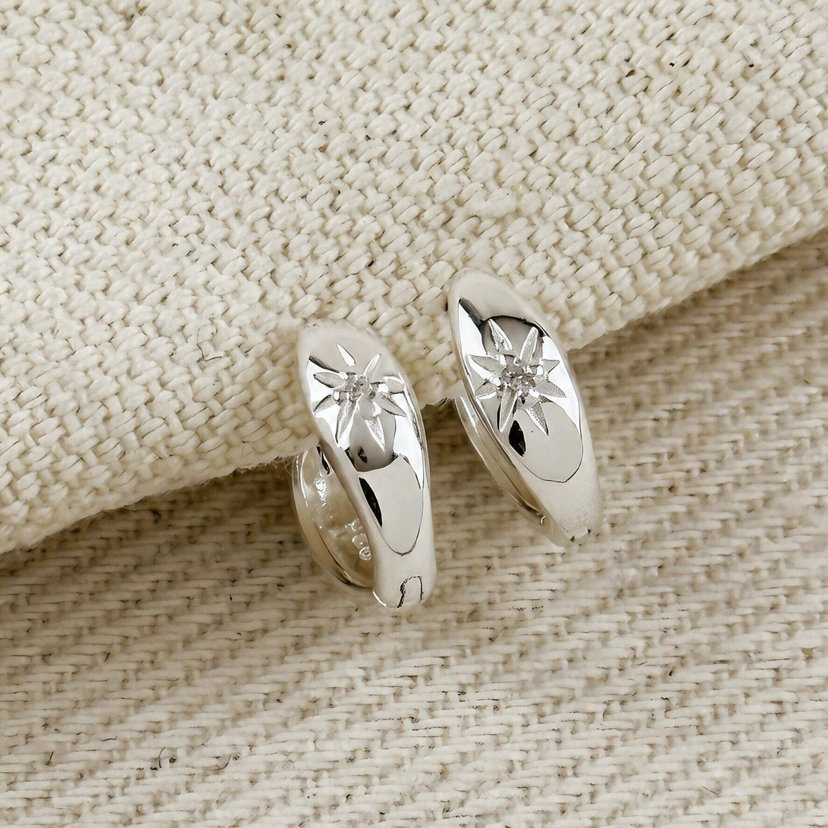 .925 Sterling Silver Starburst Huggie Earrings