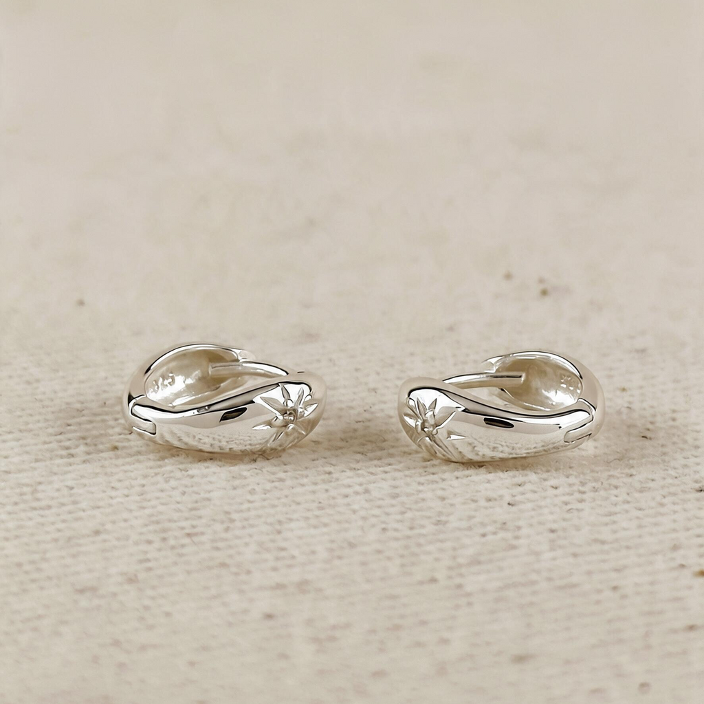 .925 Sterling Silver Starburst Huggie Earrings