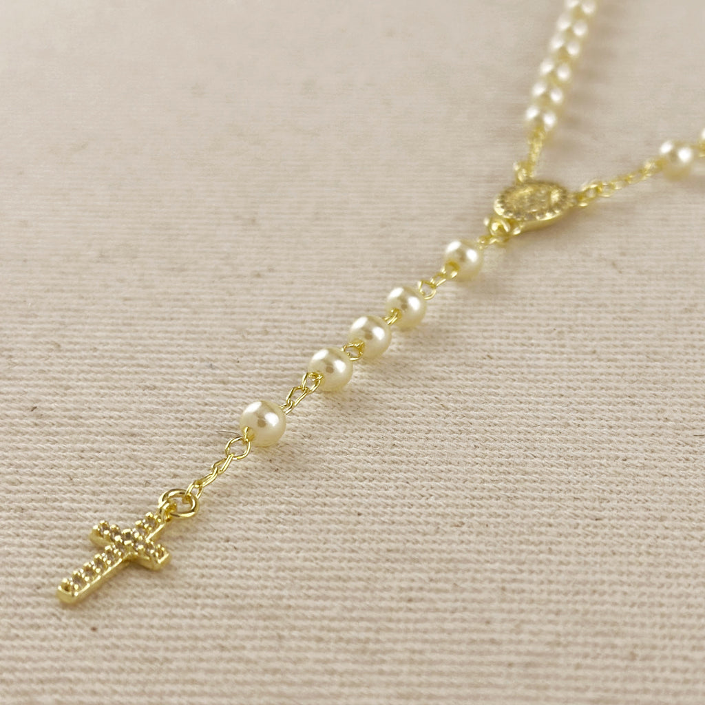 18k Gold Filled Shell Pearl Lady of Grace Rosary Necklace