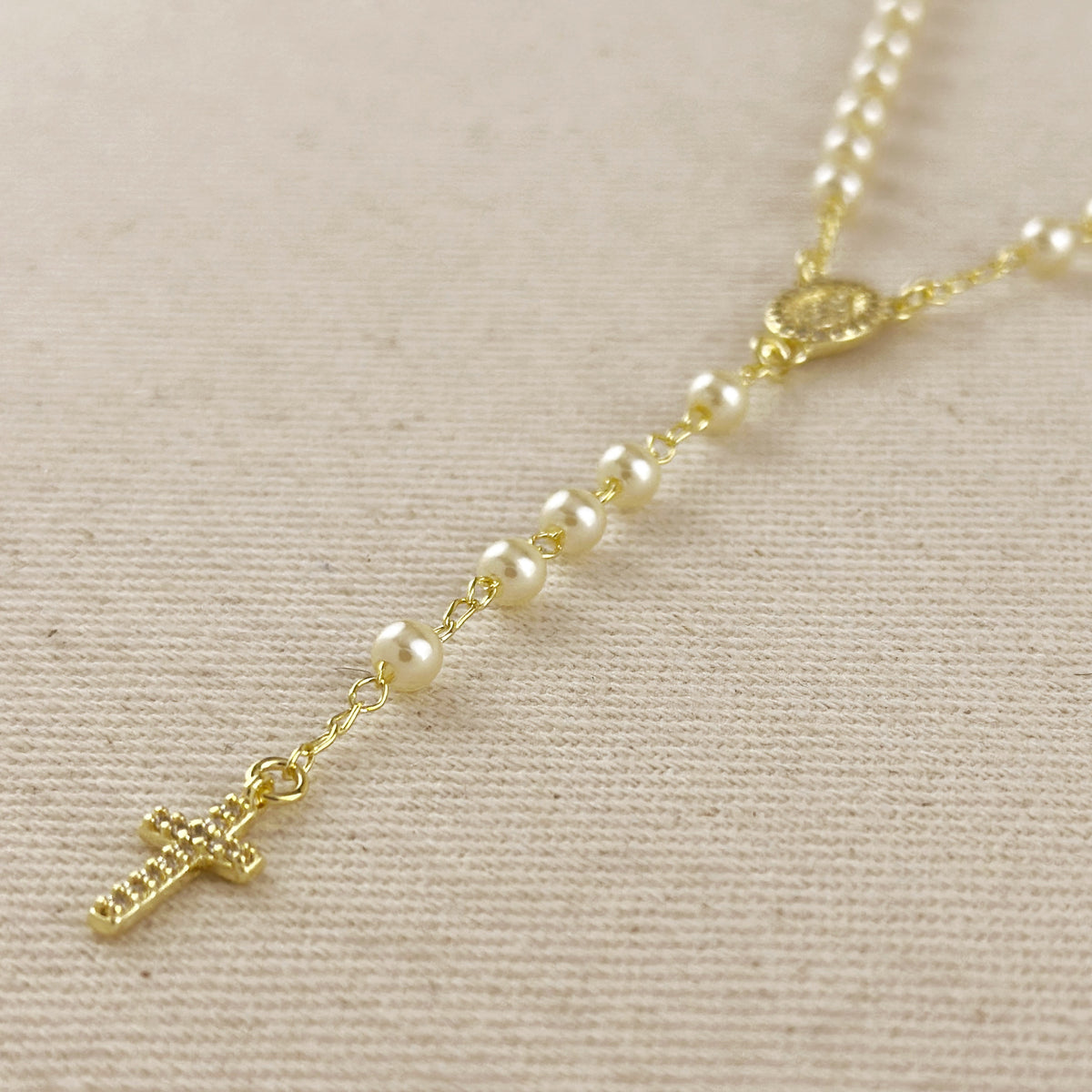 18k Gold Filled Shell Pearl Lady of Grace Rosary Necklace