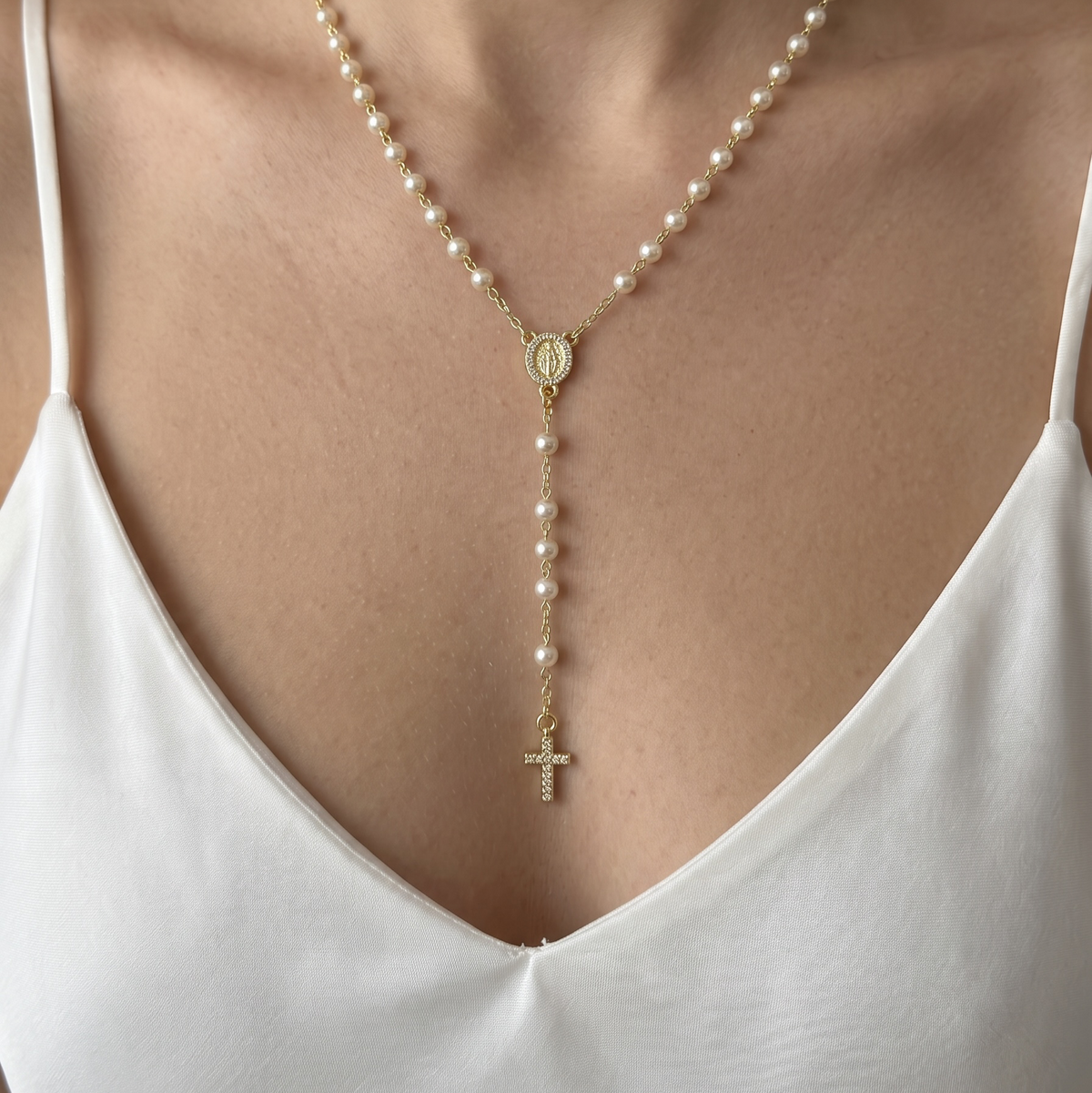 18k Gold Filled Shell Pearl Lady of Grace Rosary Necklace