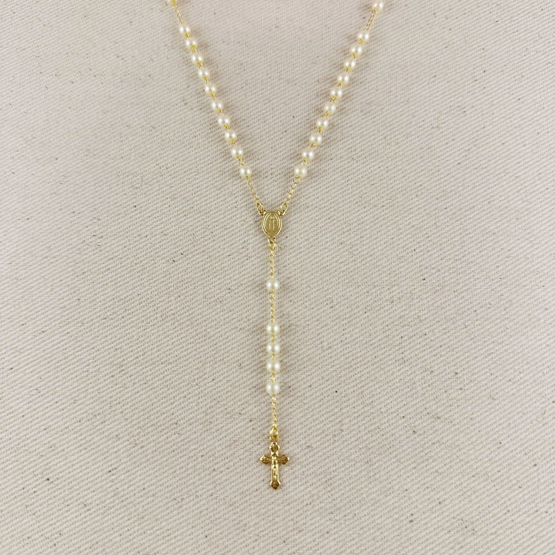 18k Gold Filled Our Lady of Graces Pearl Rosary Necklace