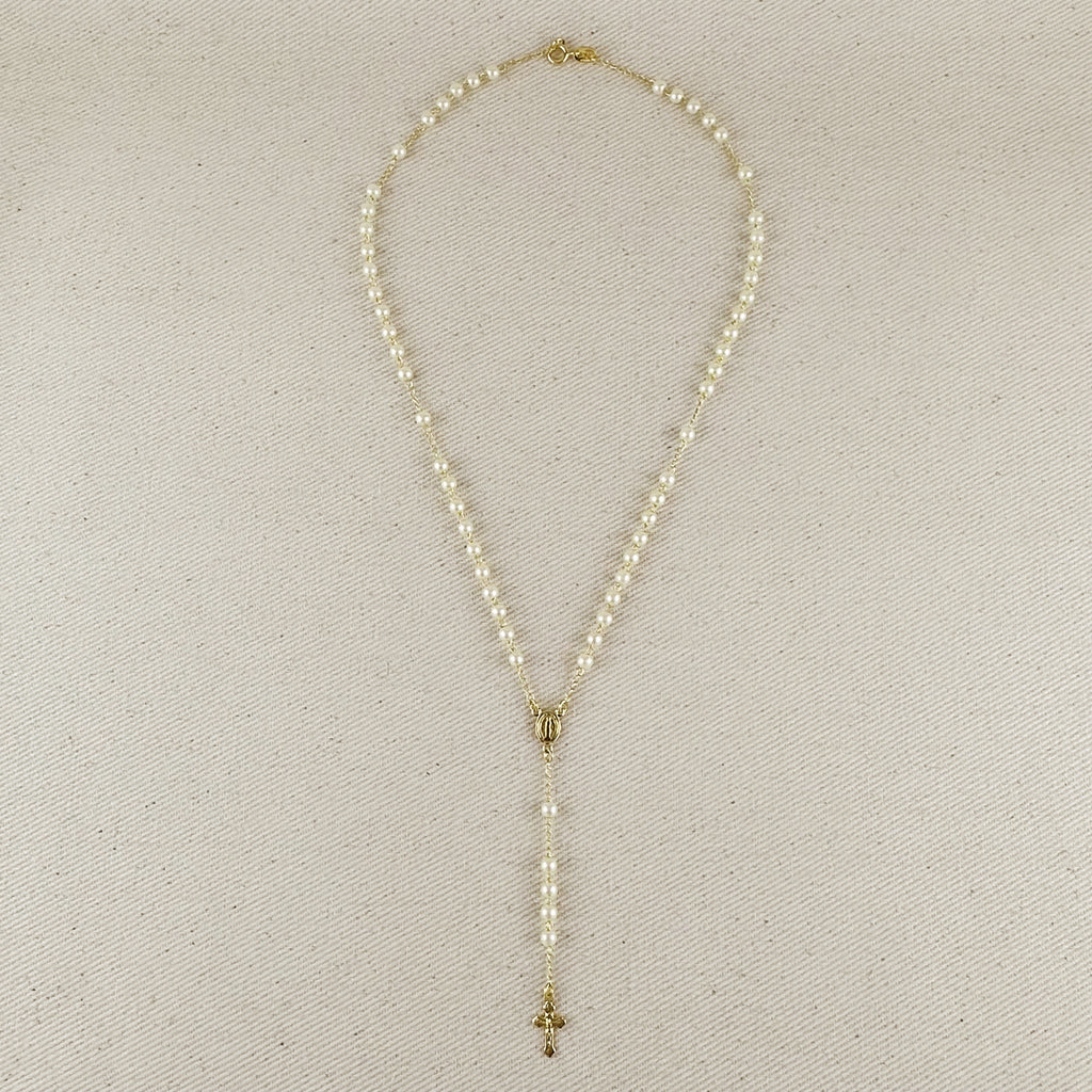 18k Gold Filled Our Lady of Graces Pearl Rosary Necklace