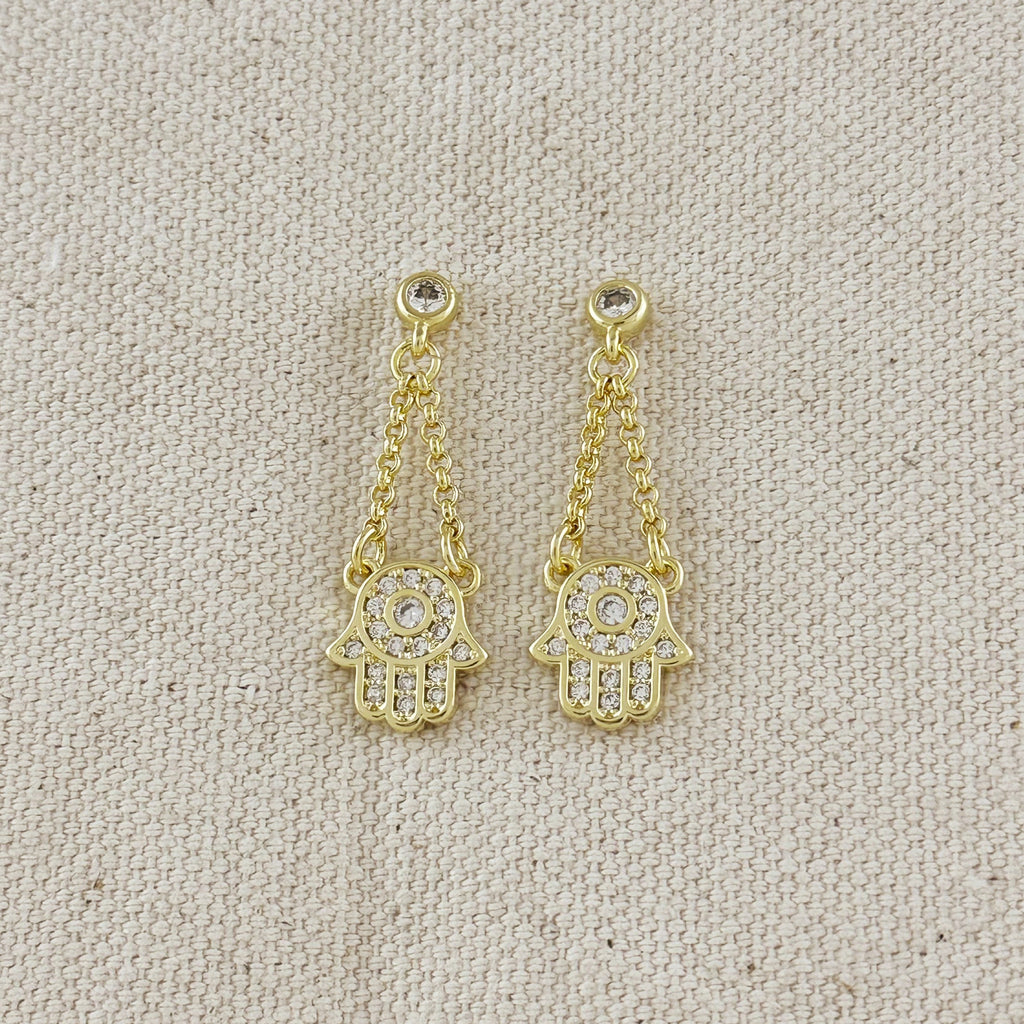 18k Gold Filled CZ Hamsa Dangling Earrings