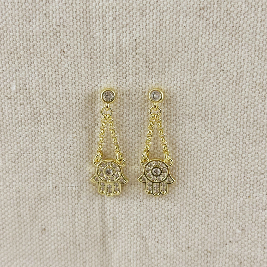 18k Gold Filled CZ Hamsa Dangling Earrings