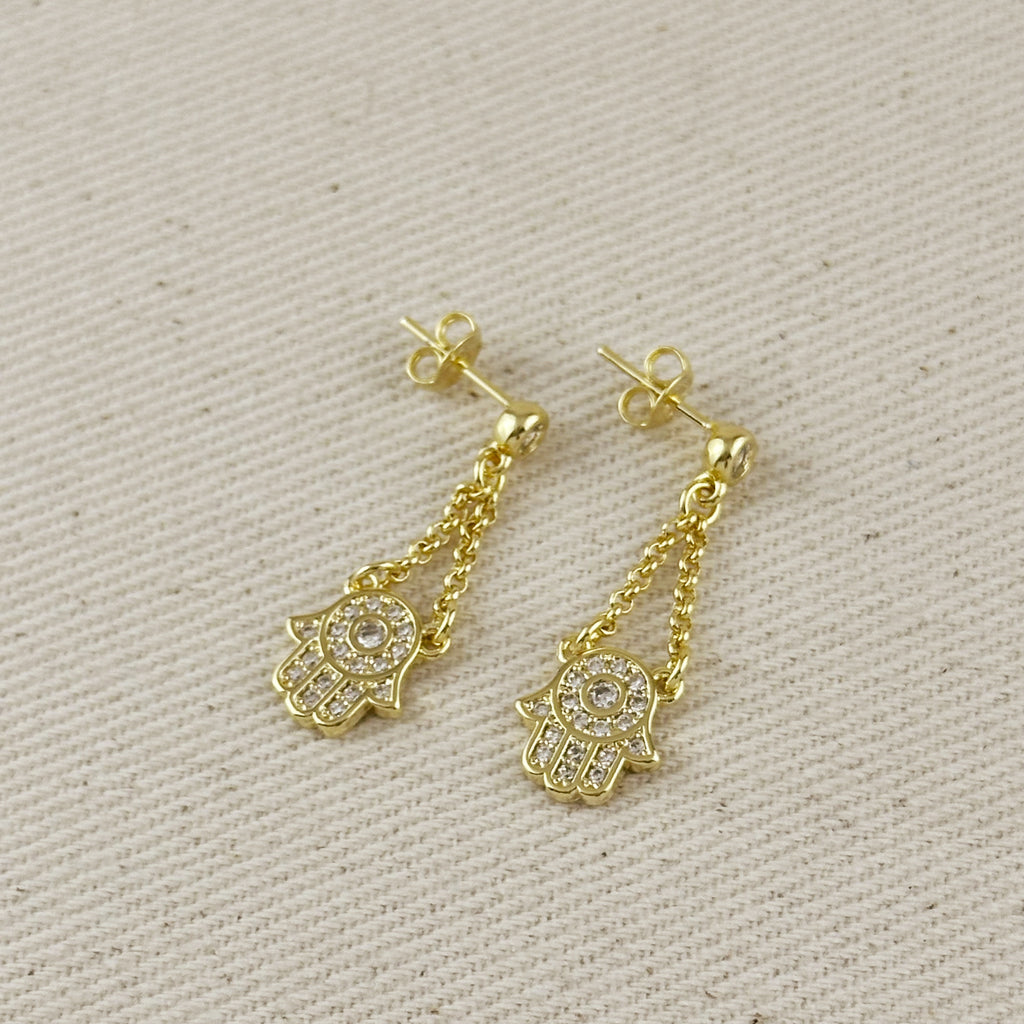18k Gold Filled CZ Hamsa Dangling Earrings