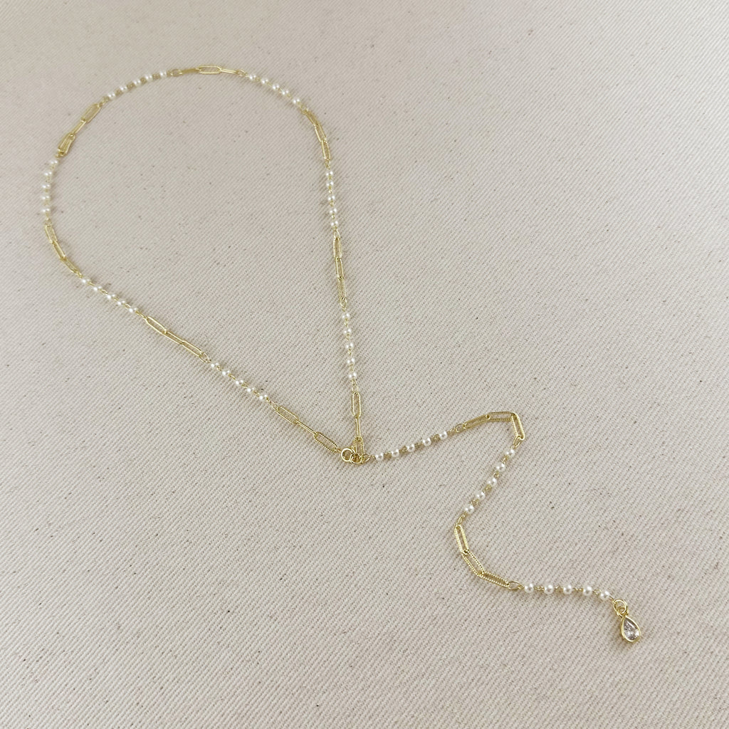 18k Gold Filled Diamond Cut Paperclip & Pearls Lariat Necklace
