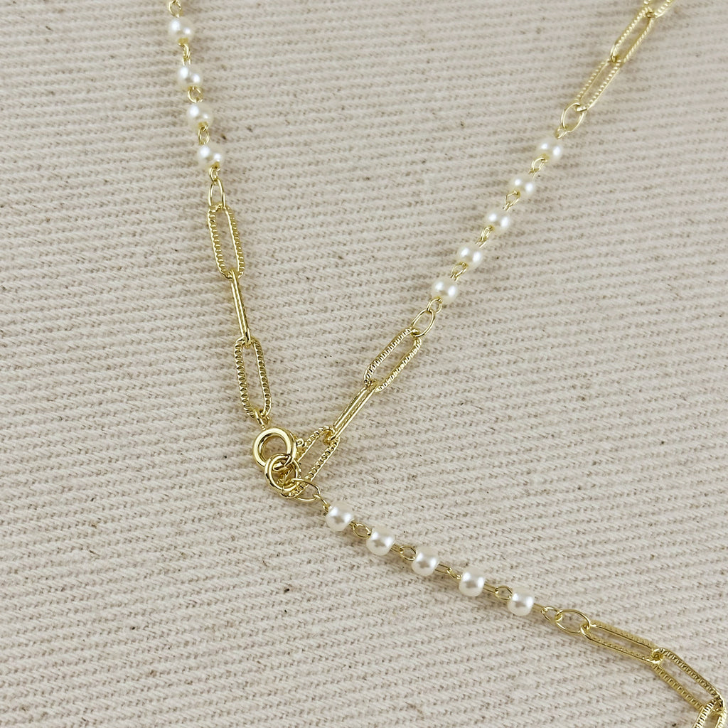 18k Gold Filled Diamond Cut Paperclip & Pearls Lariat Necklace