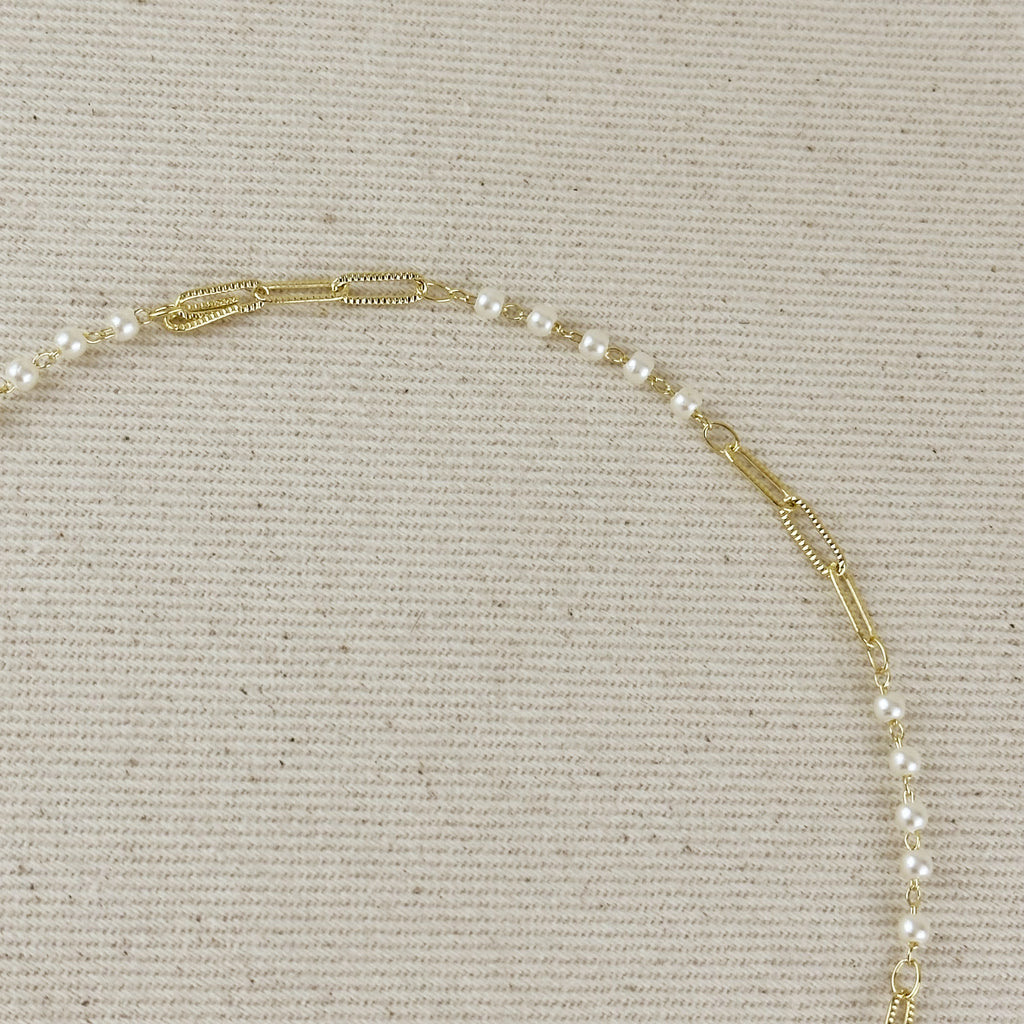 18k Gold Filled Diamond Cut Paperclip & Pearls Lariat Necklace