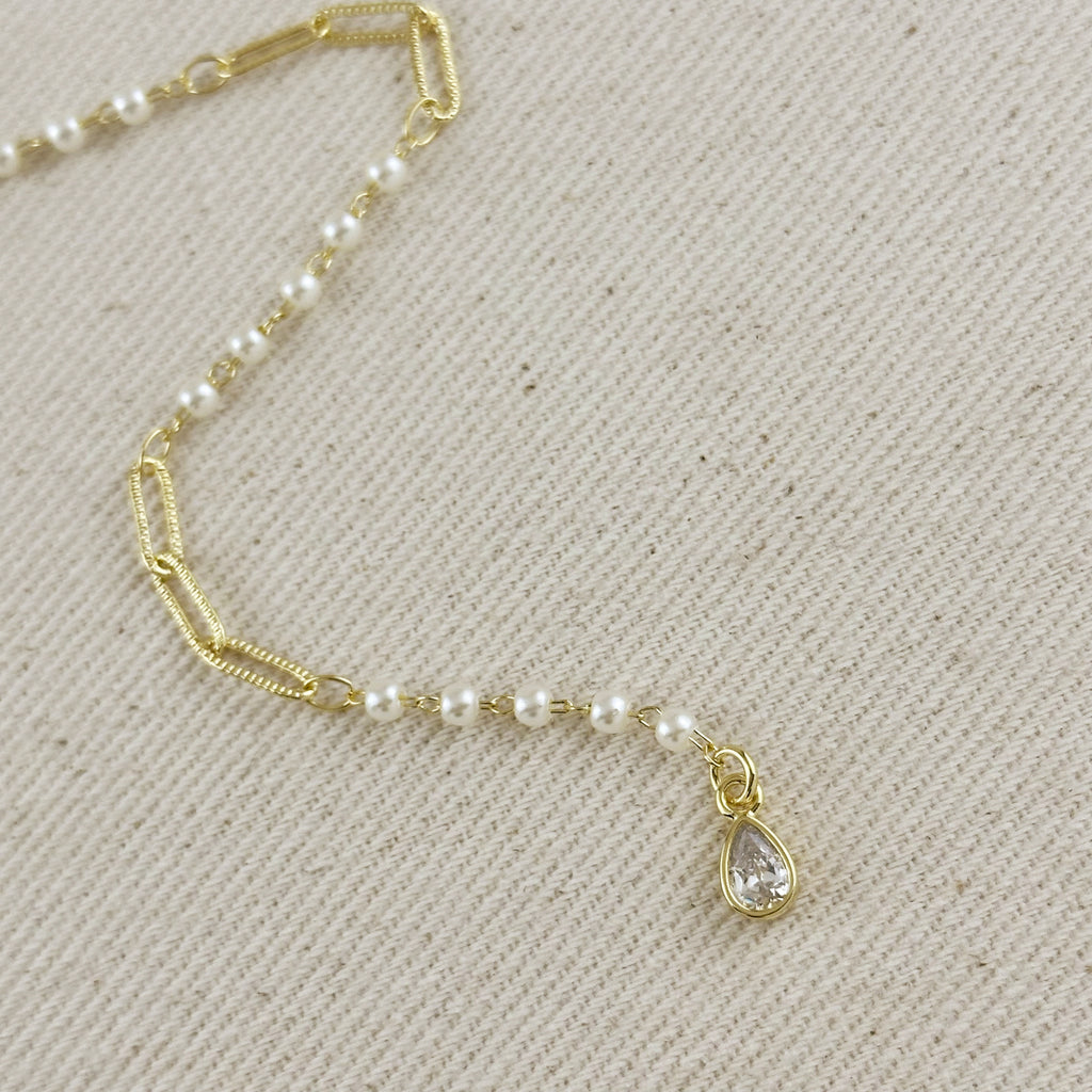 18k Gold Filled Diamond Cut Paperclip & Pearls Lariat Necklace