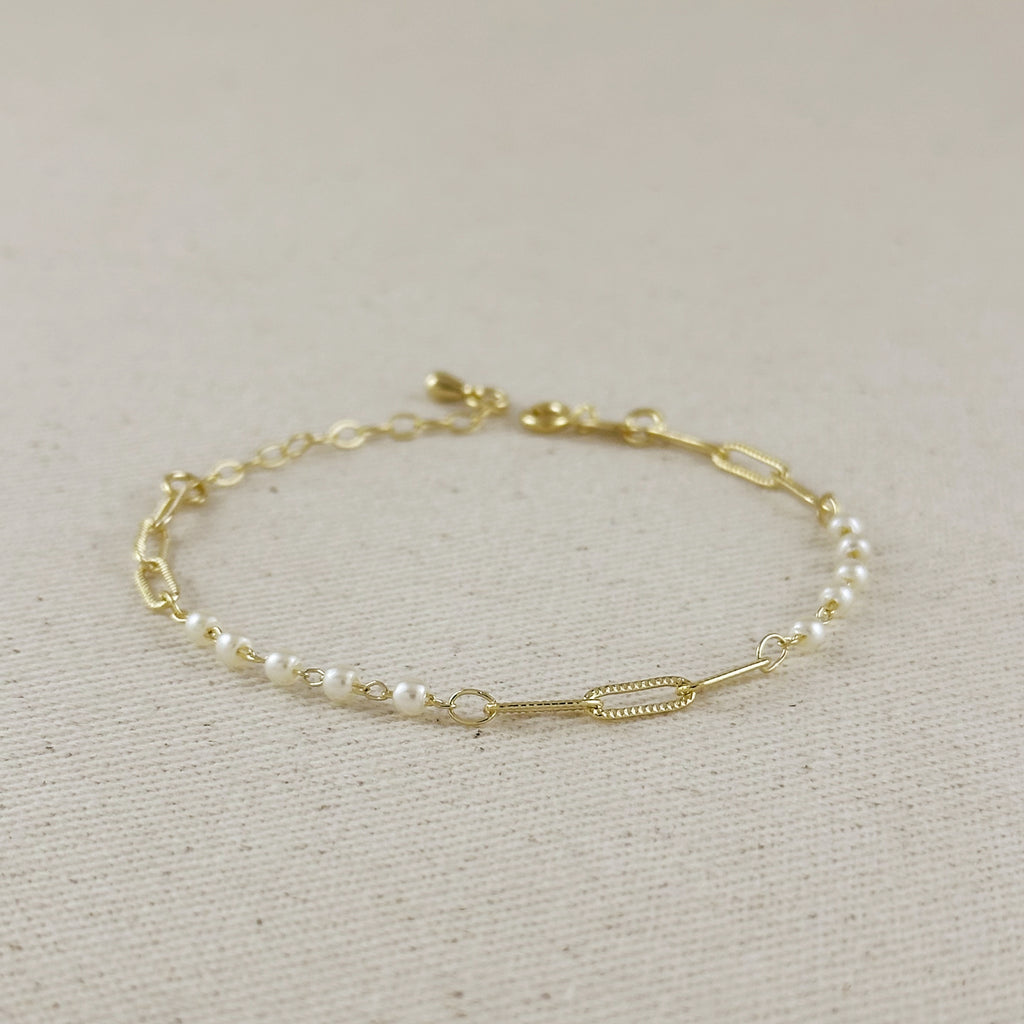18k Gold Filled Diamond Cut Paperclip & Pearls Bracelet
