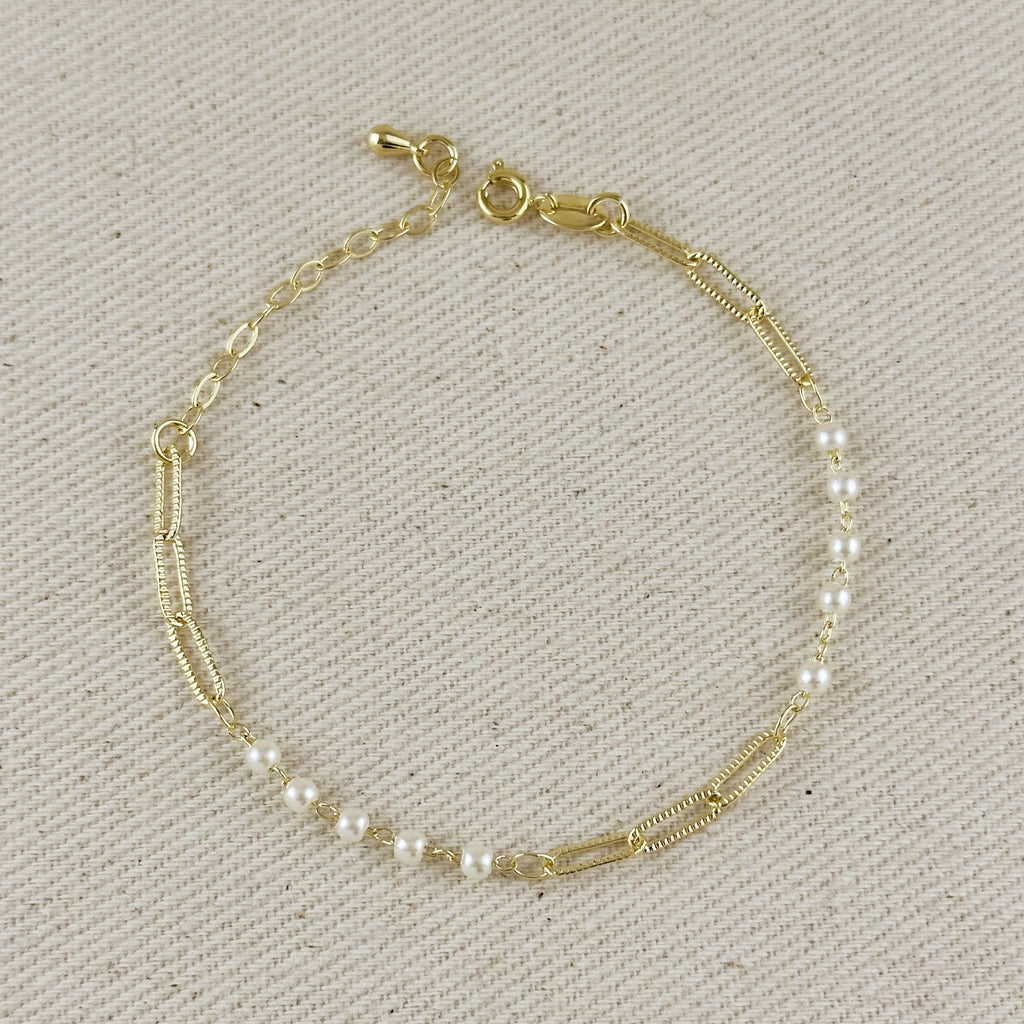 18k Gold Filled Diamond Cut Paperclip & Pearls Bracelet