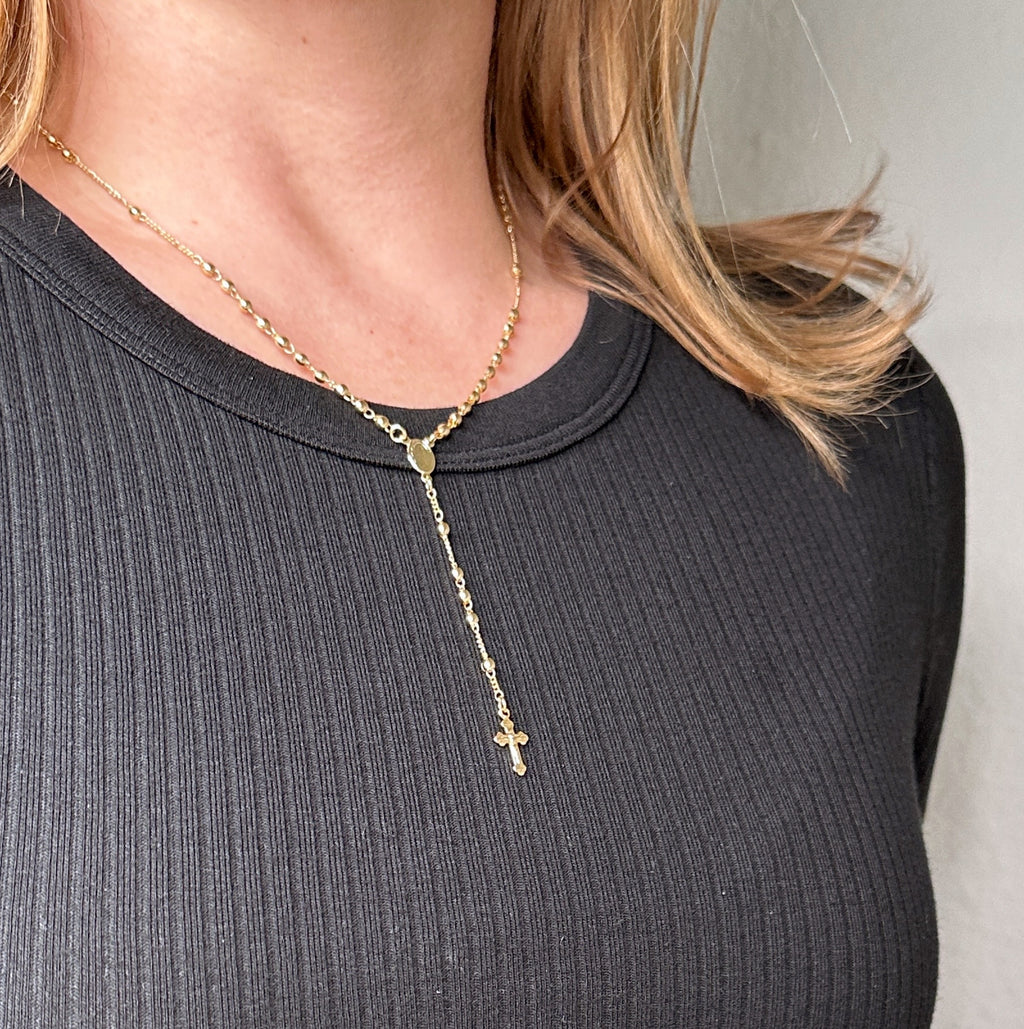 rosary in 18k gold filled Mother of Grace and small cross. 