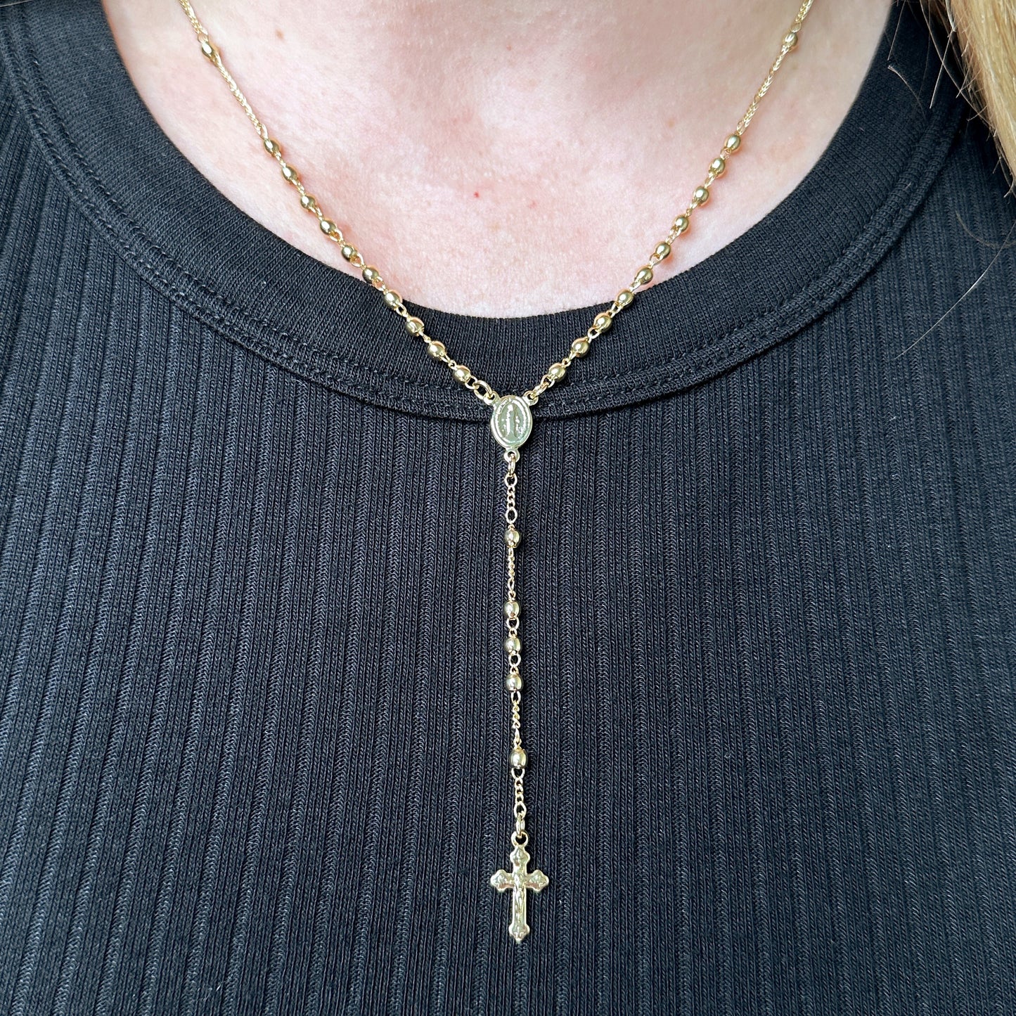 18k gold filled rosary featuring Mother of Grace and little cross